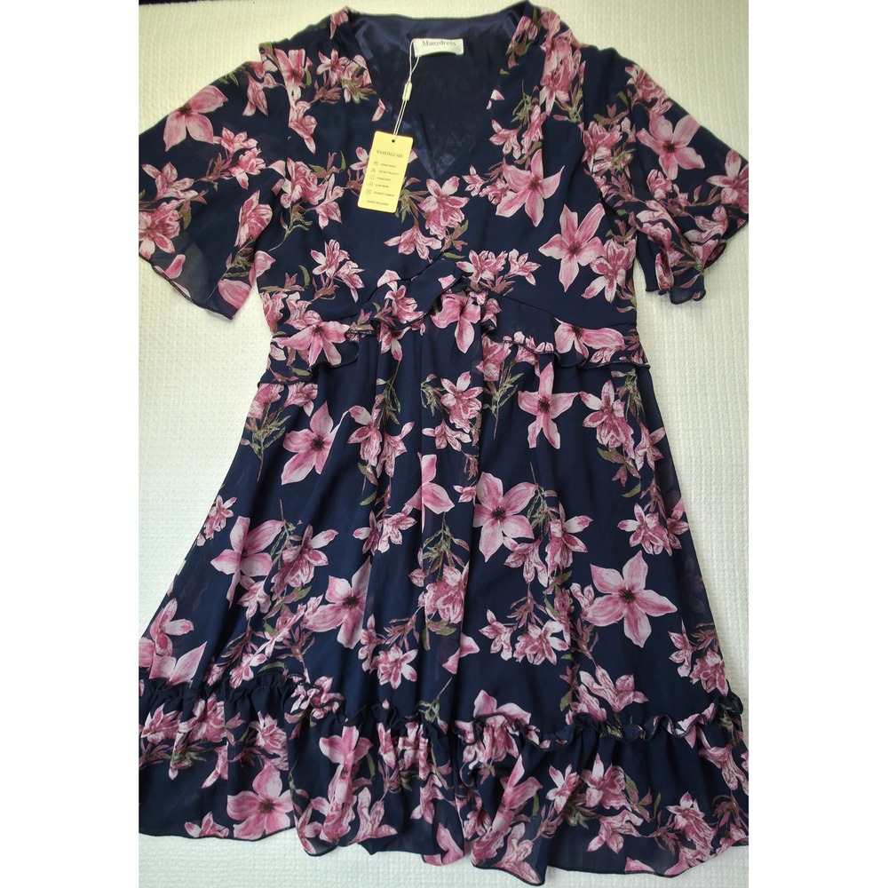 Manydress Floral Mini Dress Womens Large Navy Pink NEW Ruffle VNeck Short Sleeve